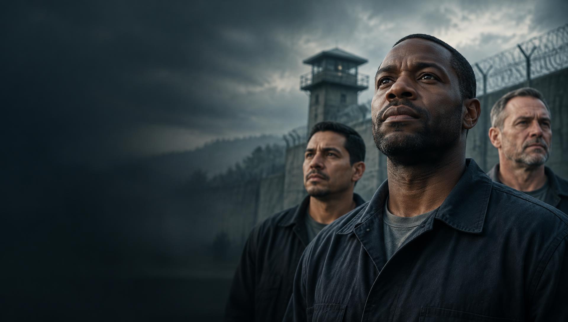 Three men looking toward daylight beside prison architecture